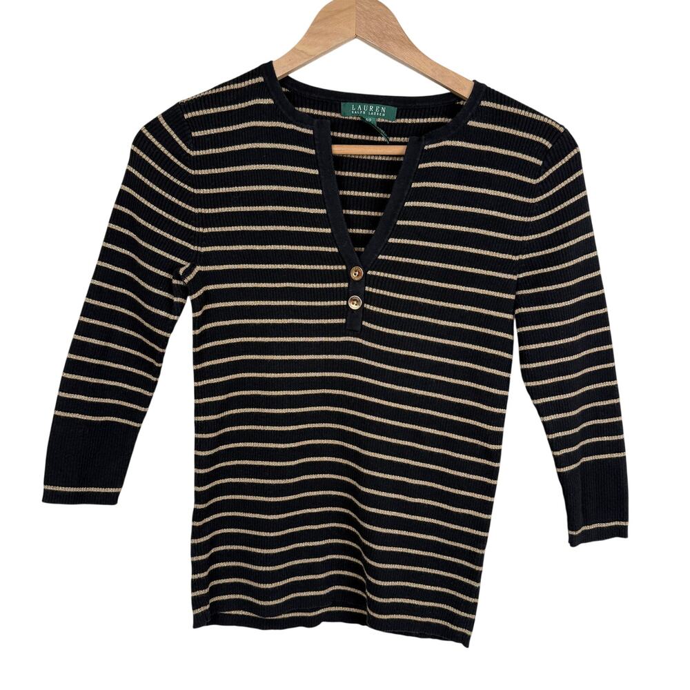 Lauren Ralph Lauren Black Gold Metallic Stripe Henley Sweater 3/4 Sleeve Preppy
